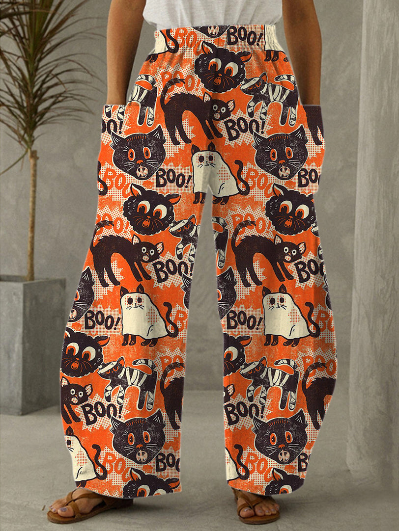 Black Cat Fright Print Casual Pants