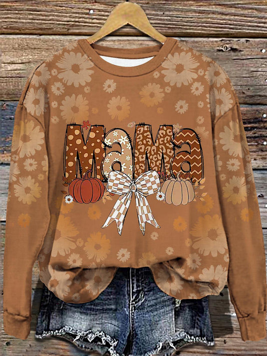 Women's Autumn Mom Pumpkin Print Round Neck Long Sleeve Top