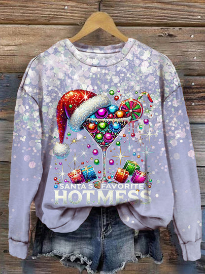 Santas Favorite Hot Mess Faux Sequin Print Long Sleeve Top