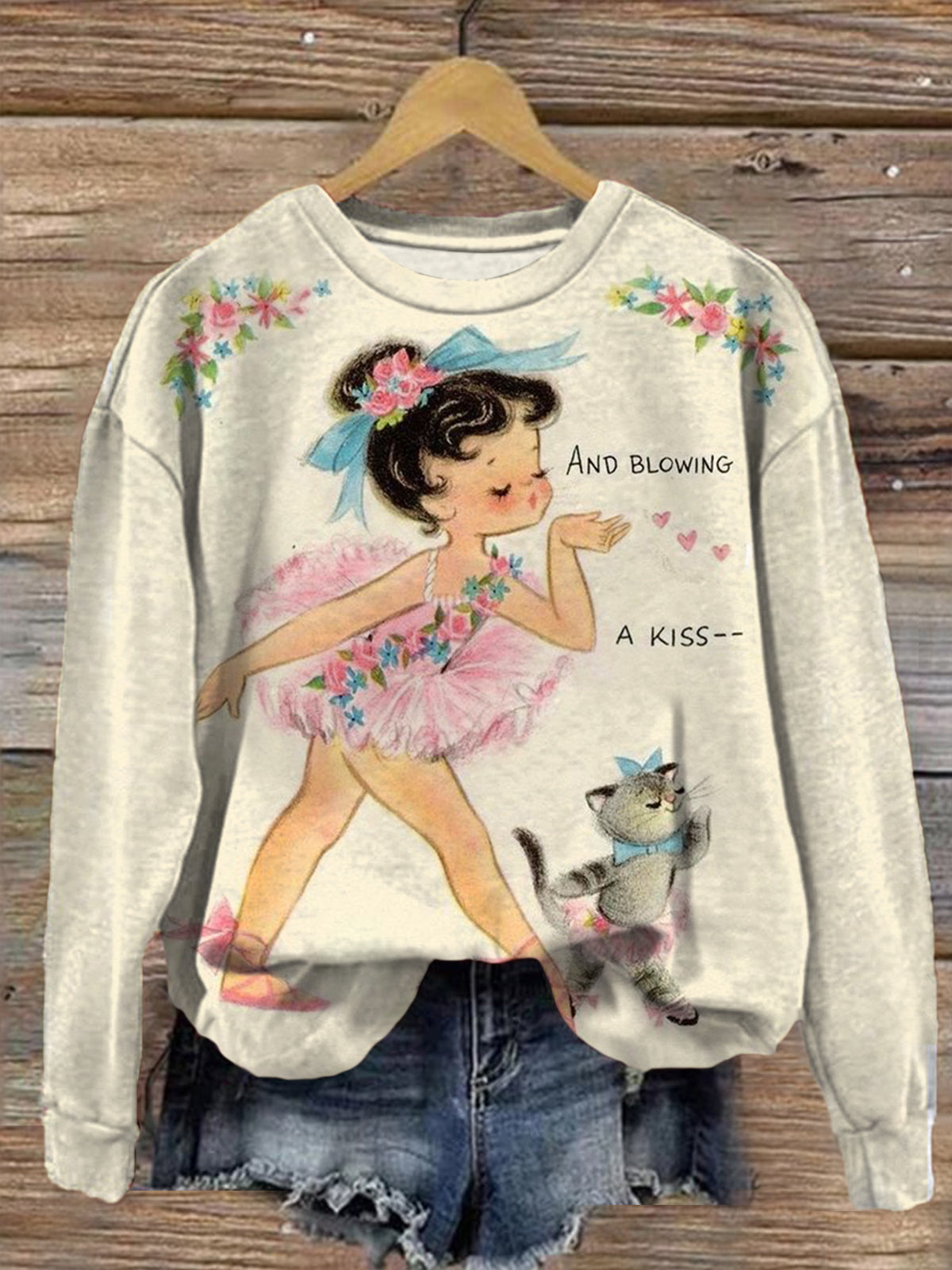 Vintage Girl Cat And Blowing A Kiss Long Sleeve Top