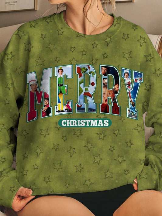 Merry Christmas Star Movie Character Print Long Sleeve Top