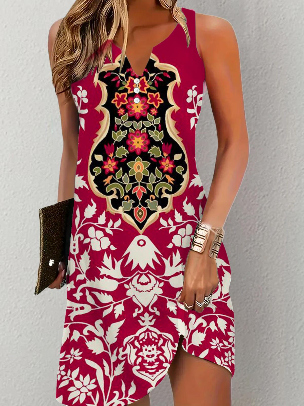 Red Floral Print Sleeveless V Neck Dress