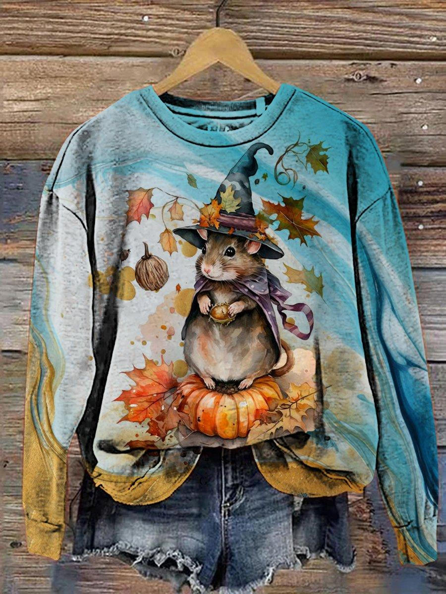 Mouse Witch Print Round Neck Long Sleeve Top