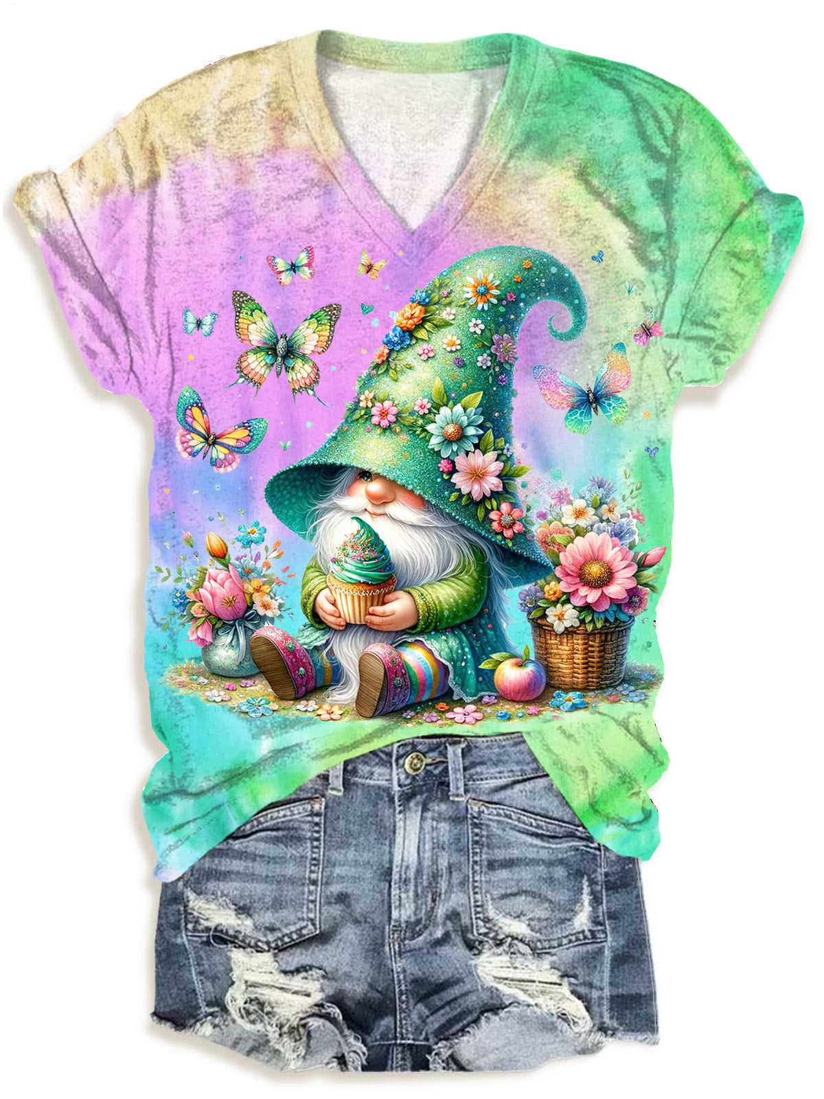 Spring Gnome Butterfly V-neck T-Shirt