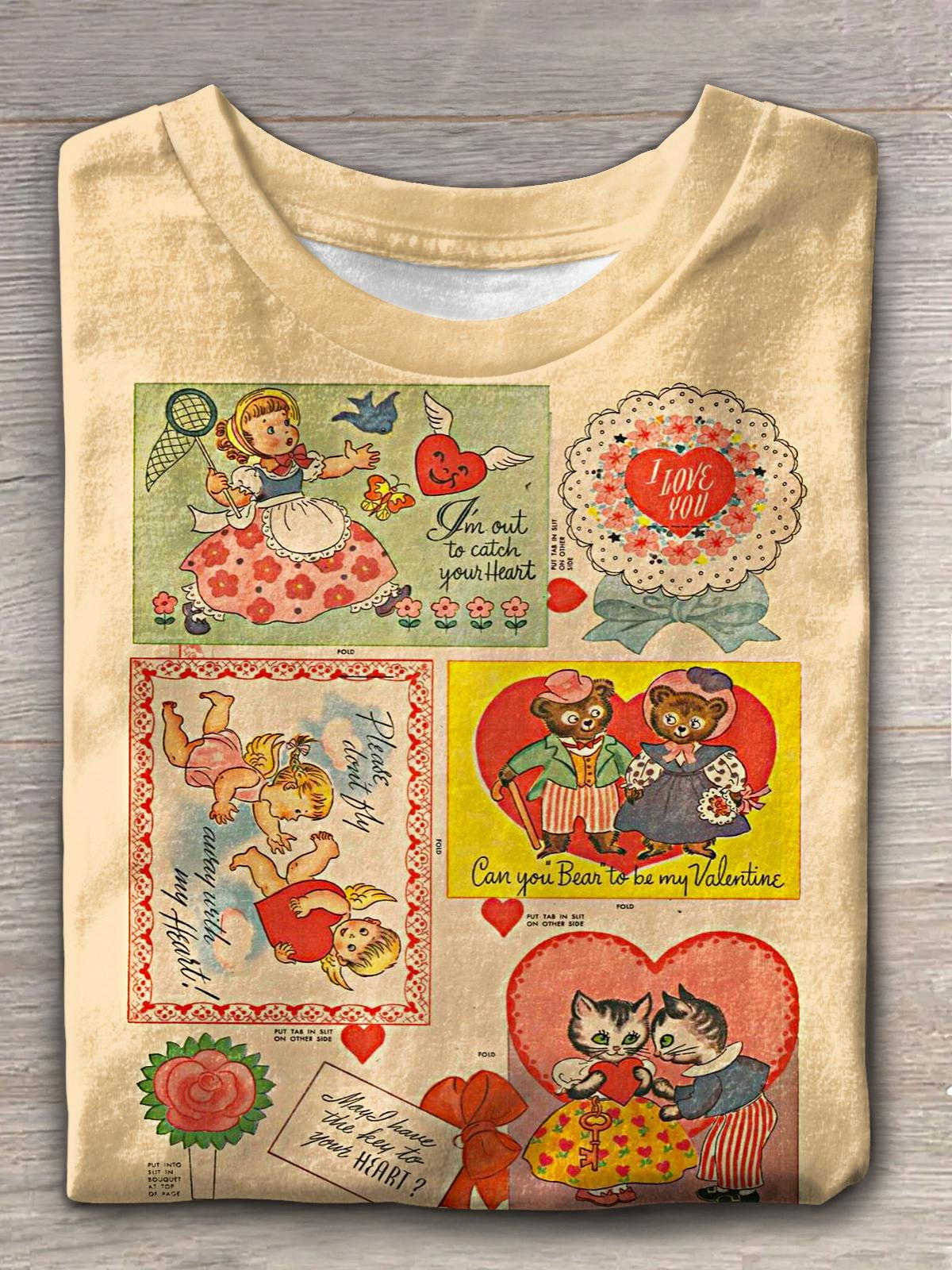 Women's Retro Valentine's Day Card Print Crew Neck T-shirt