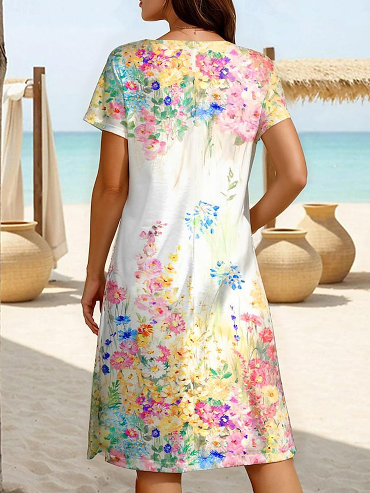 Simple Flowers V Neck Short Sleeve Dress