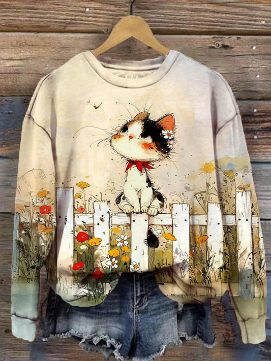 Women's Cute Cat Garden Butterfly Print Long Sleeve Top