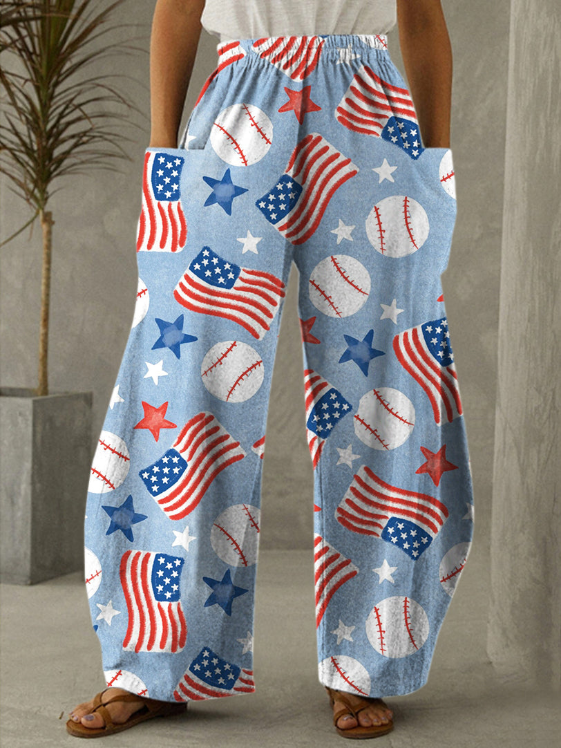 American Flag Baseballs Print Casual Pants