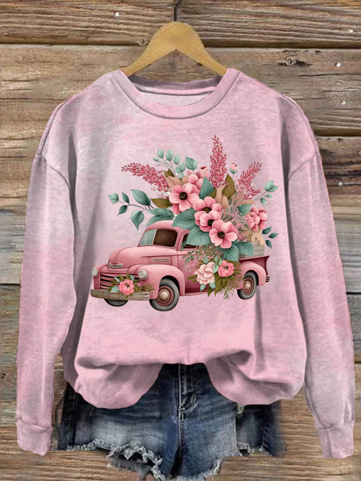 Women's Vintage Pink Floral Truck Round Neck Long Sleeve Top