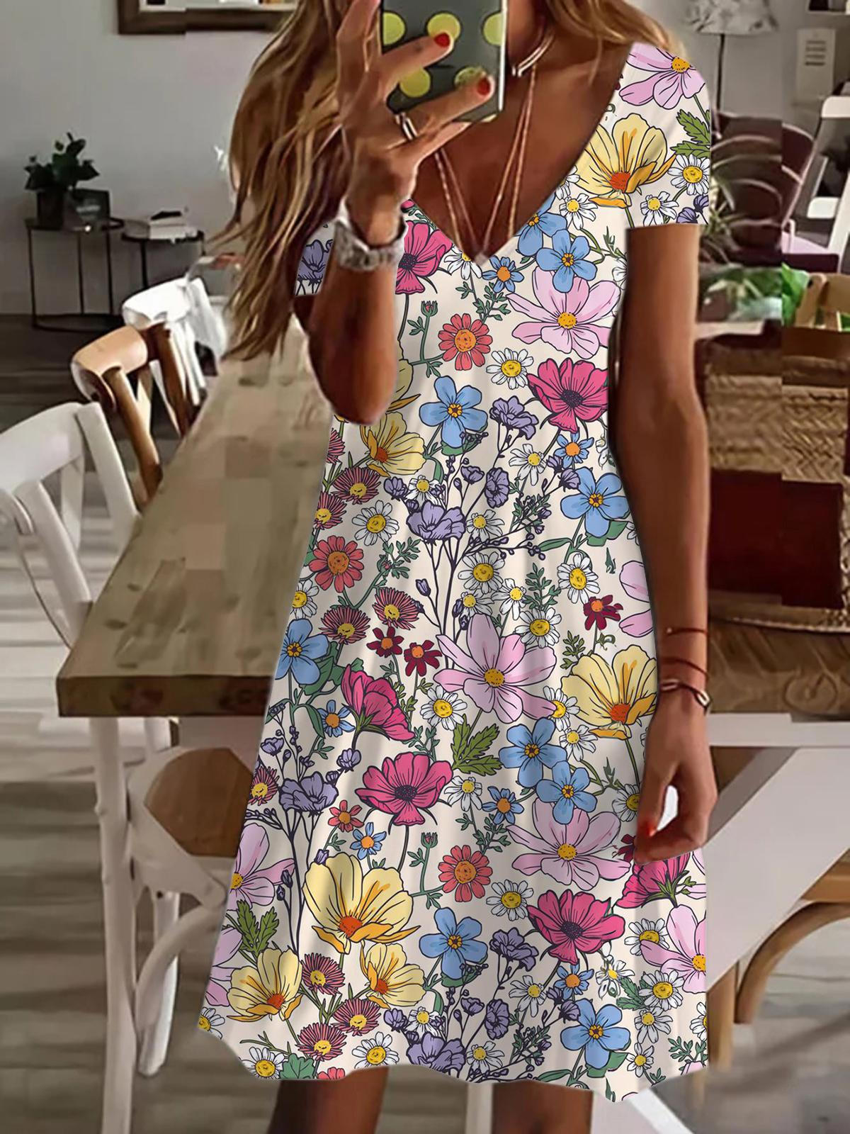 Wildflower Floral Print V Neck Short Sleeve Dress