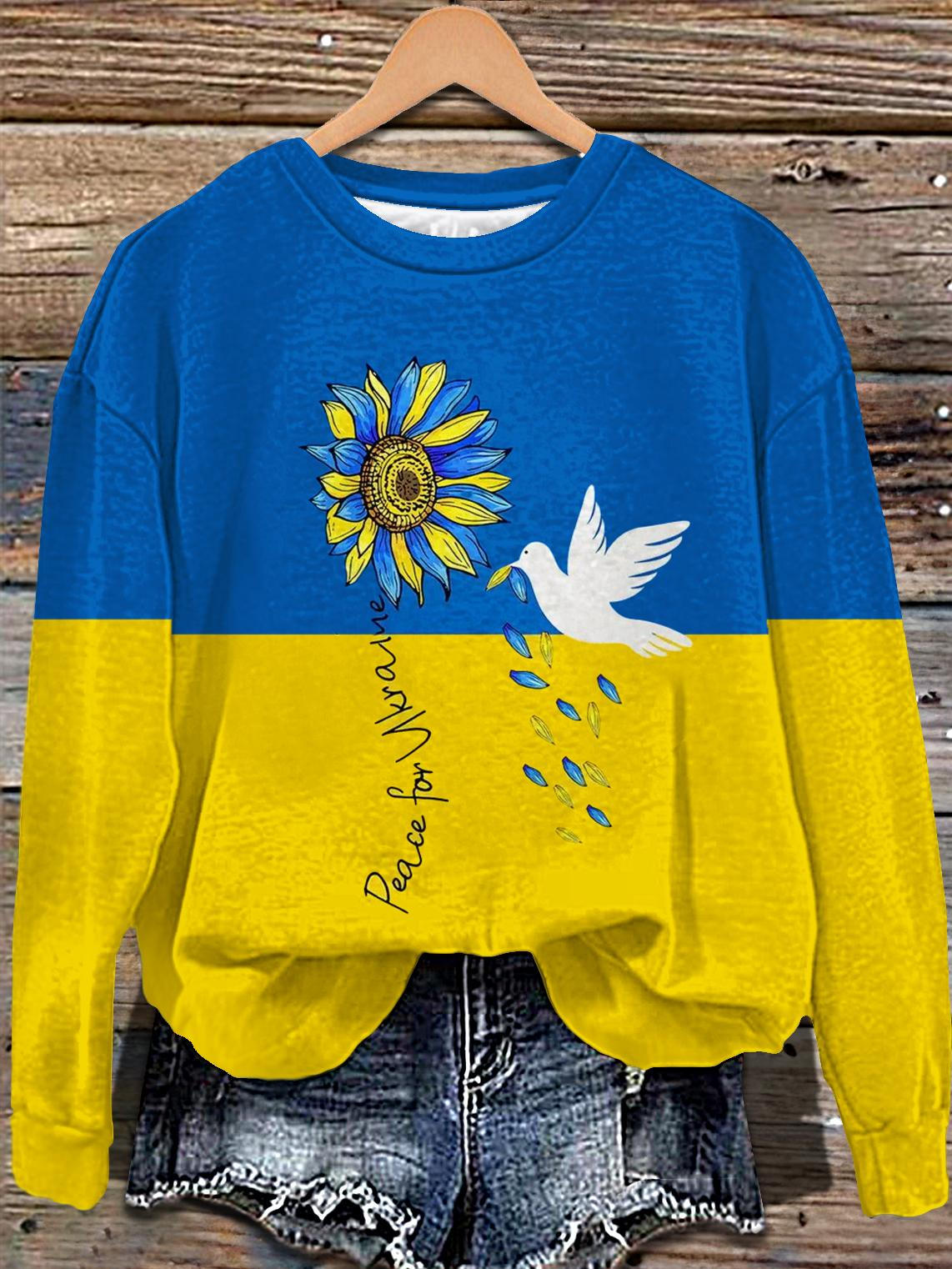 Blue And Yellow Sunflower Patriotic Peace Dove Printed Long Sleeve Casual Top