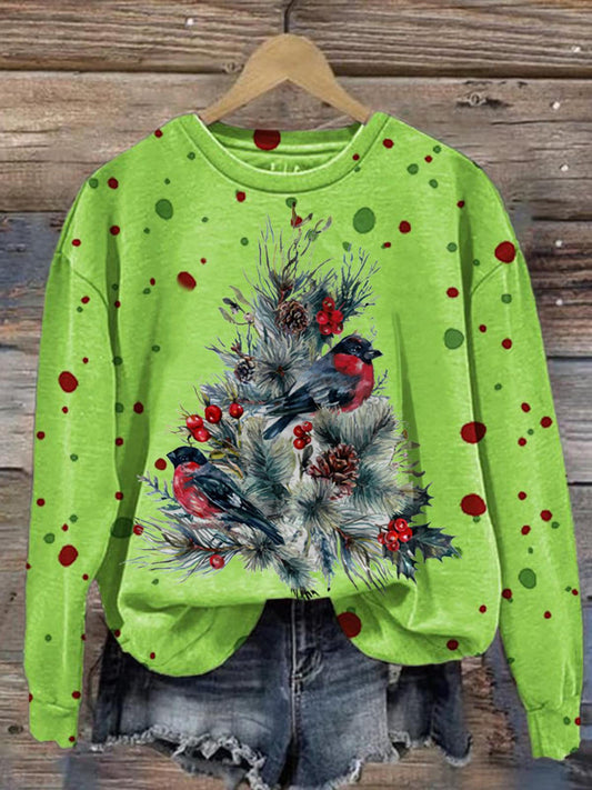 Women's Christmas Tree Cardinal Crew Neck Casual Sweatshirt