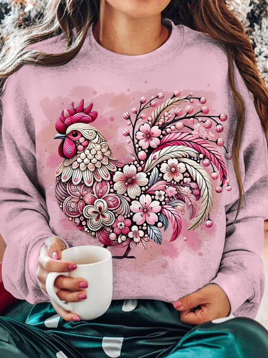 Women's Cute Rooster Illustration Print Round Neck Casual Top