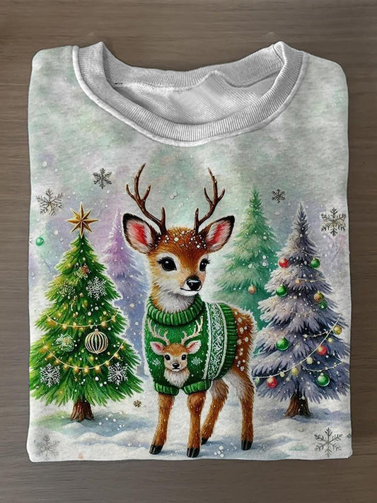 Cute Christmas Reindeer Printed Long Sleeve Casual Top