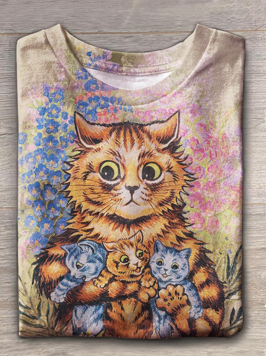 Cat Art Print Crew Neck T-shirt