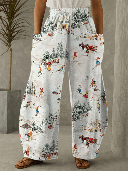 Winter Ski Resort Print Casual Pants