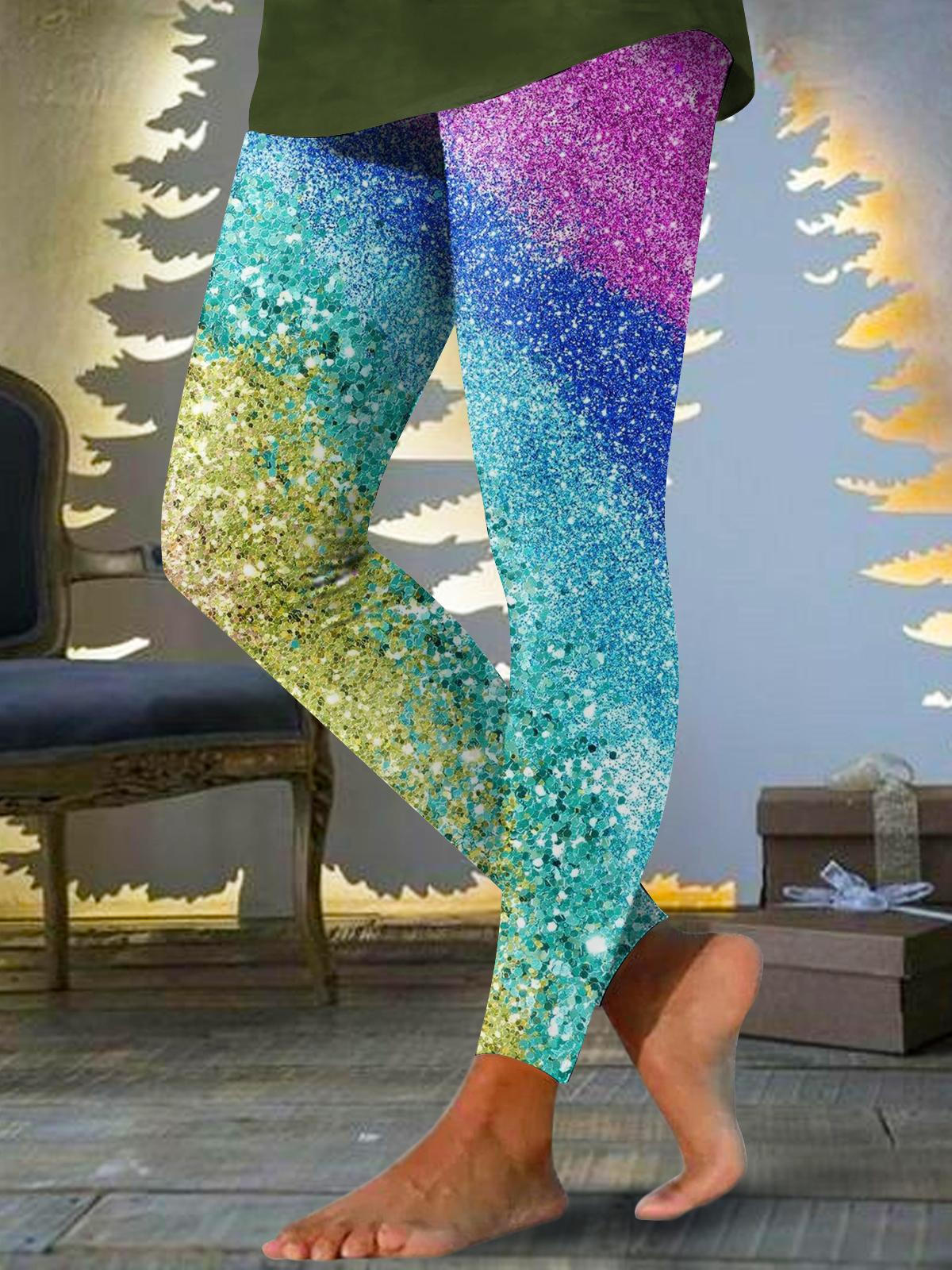 Women's Faux Sequin Rainbow Printed Stretch Skinny Pants