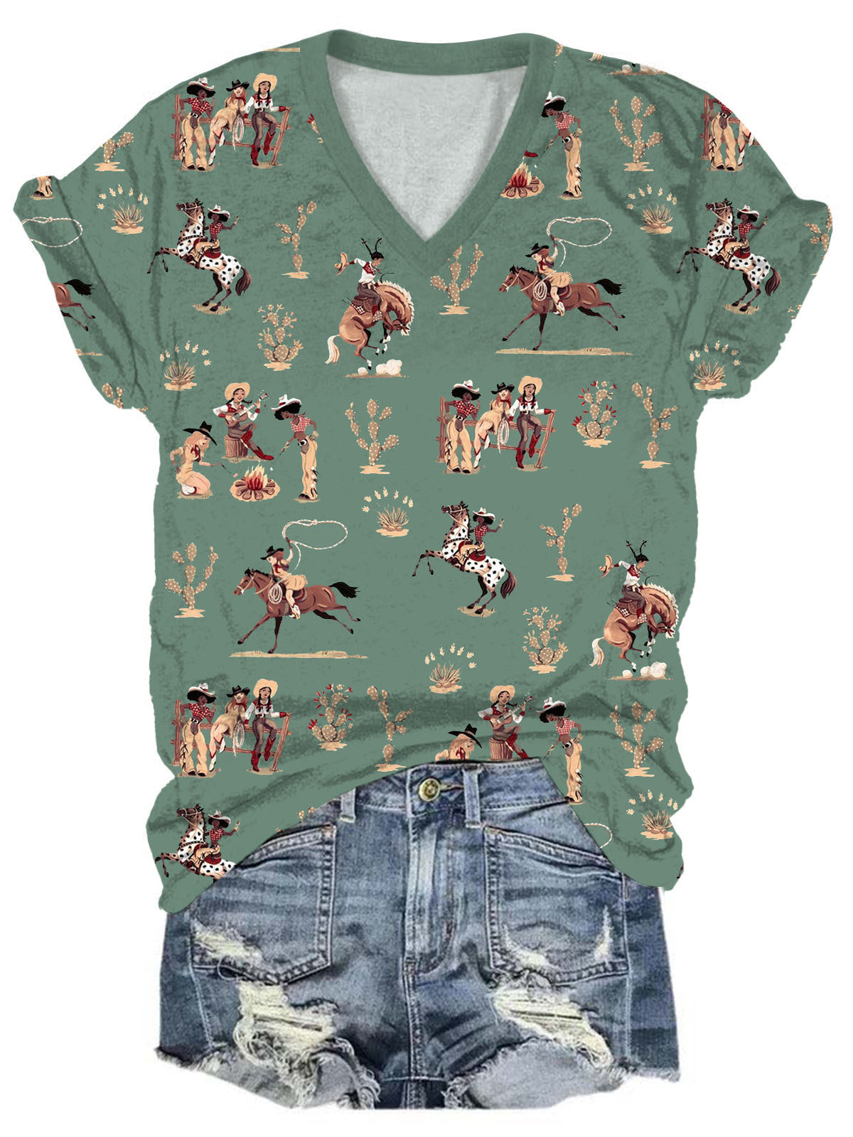 Women Western Print V-Neck Short Sleeve T-Shirt