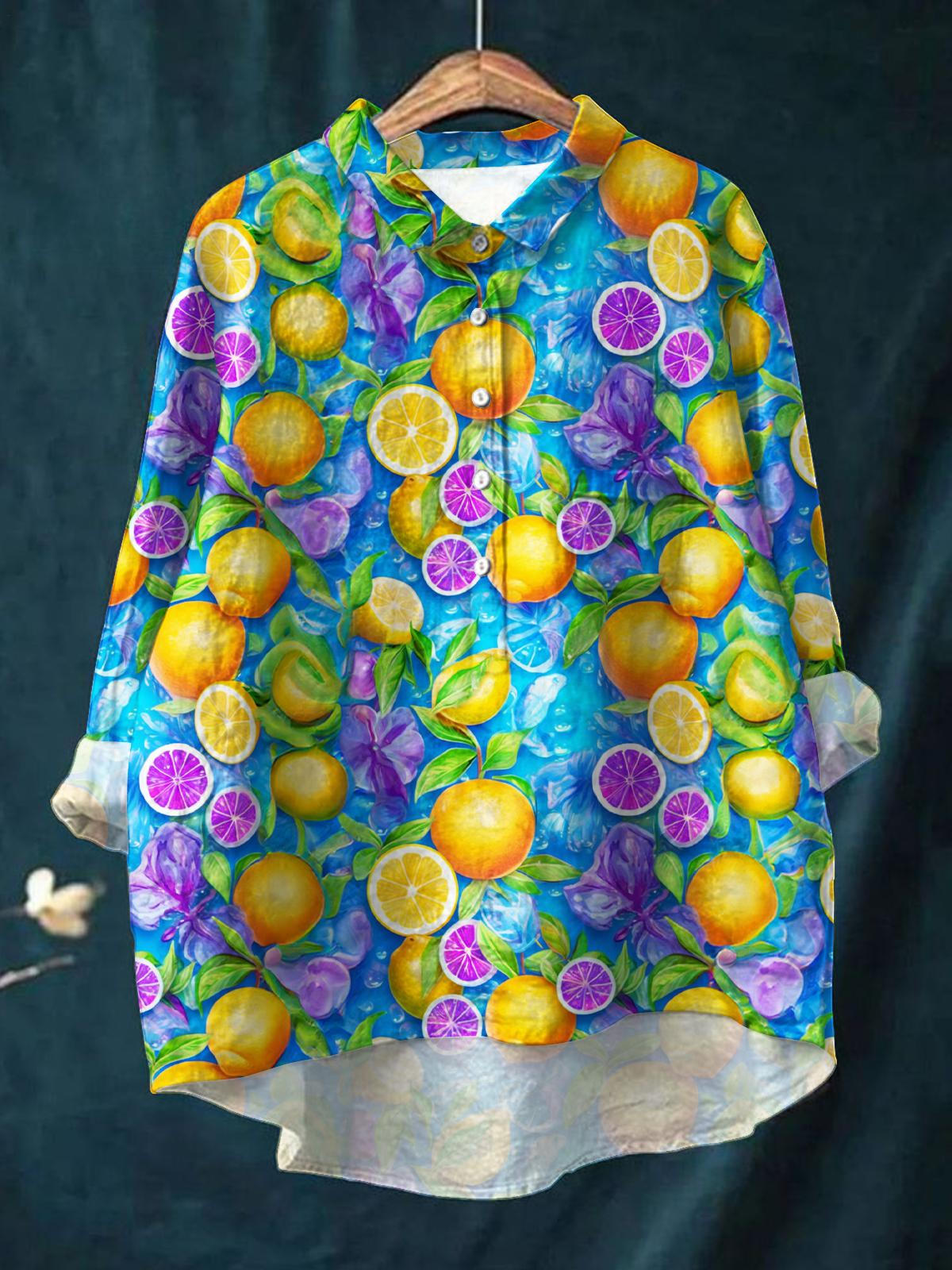 Spring And Summer Colorful Fruit Print Puff Wrinkle Casual Shirt