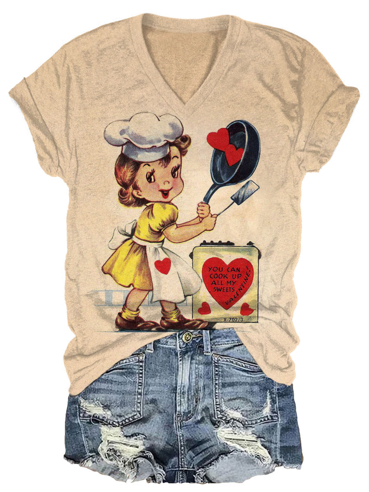 You Can Cook Up All My Sweets Retro Valentine's Day Print Casual T-shirt