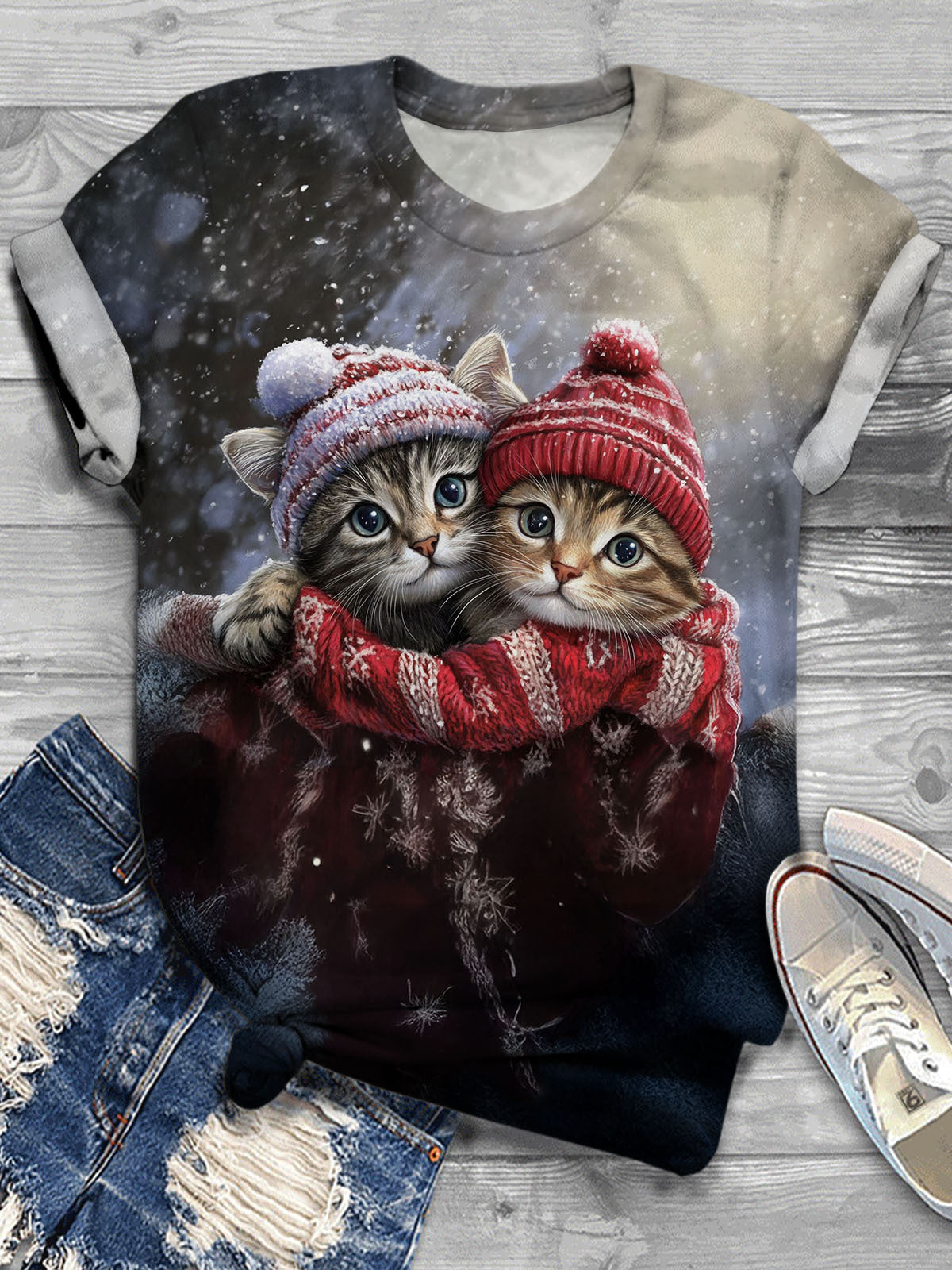 Women's Valentine's Day Cute Cat Couple Print Casual T-shirt