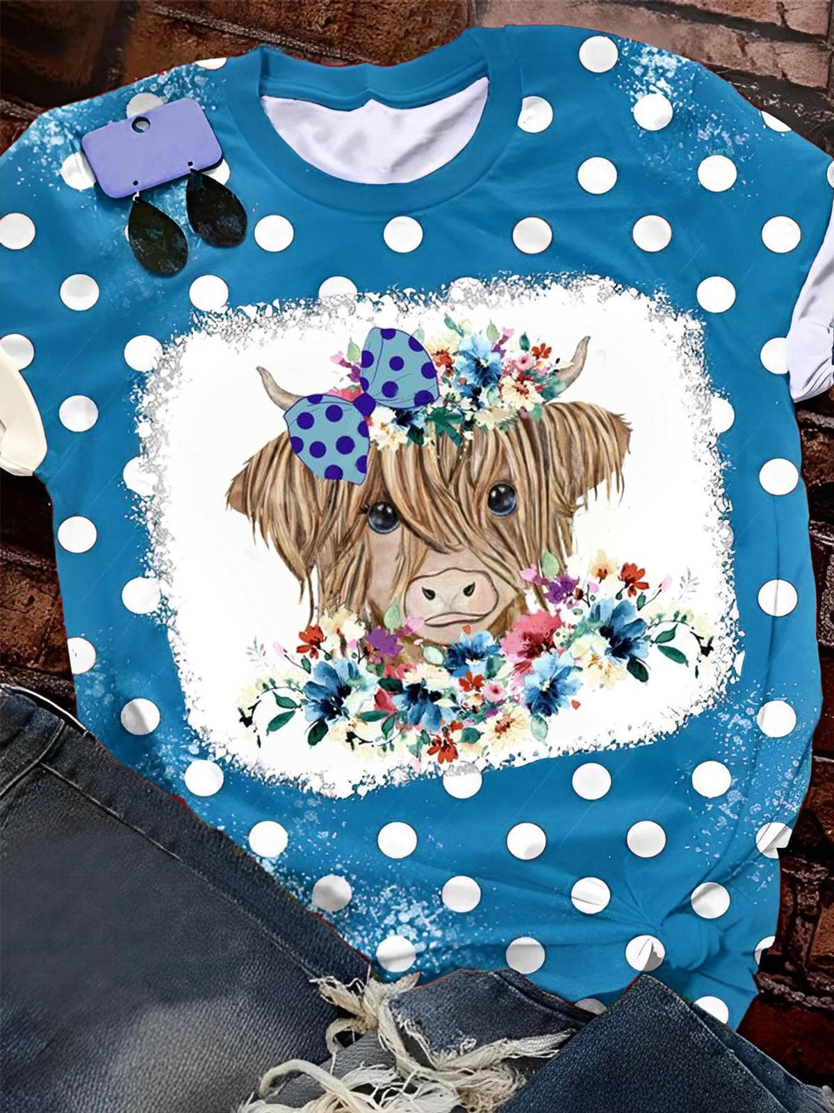 Cow Flower Polka Dot Crew Neck T-shirt