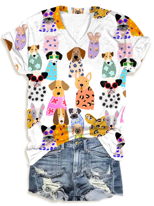 Cute Dog Illustration V-Neck T-Shirt