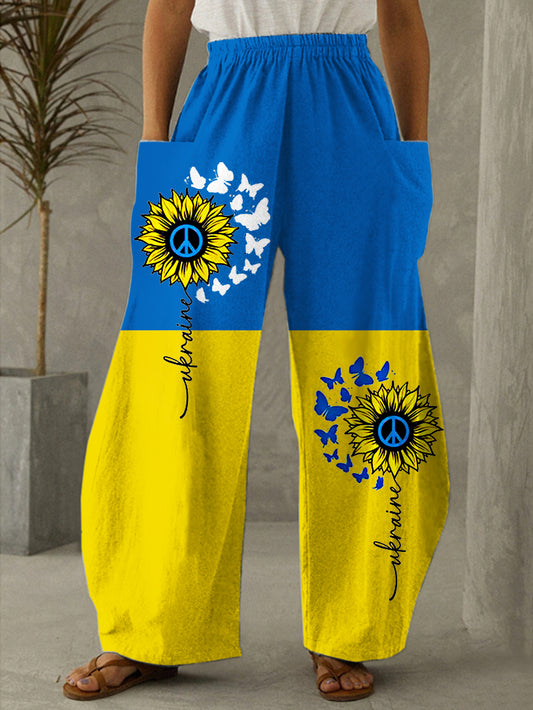 Blue And Yellow Sunflower And Peace Print Casual Pants