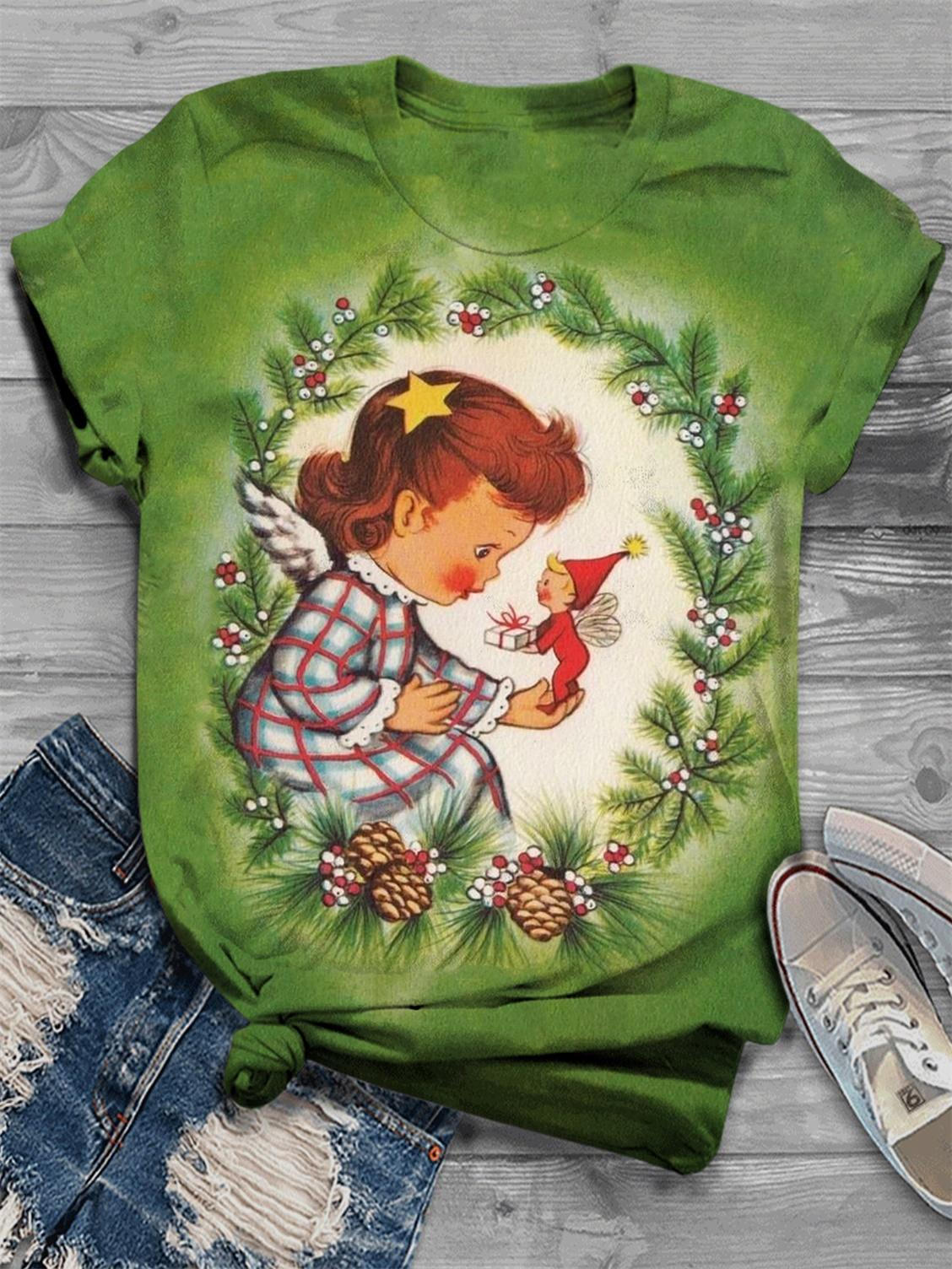 Retro Christmas Girl Print Crew Neck T-Shirt