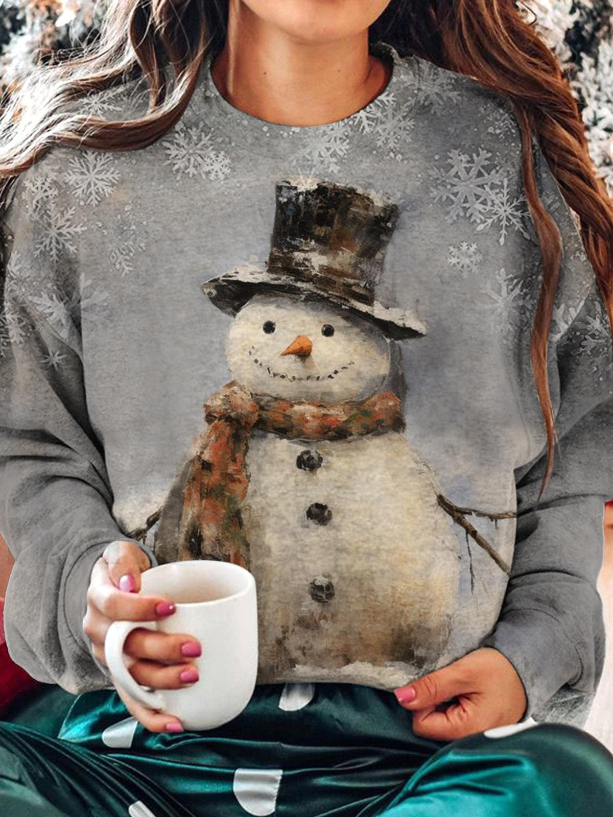 Retro Snowman Printed Long Sleeve Casual Top