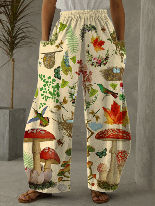 Mushroom Bird Butterfly Print Casual Pants