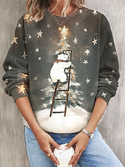 Women's Christmas Star-Reaching Bear Long Sleeve Casual Top