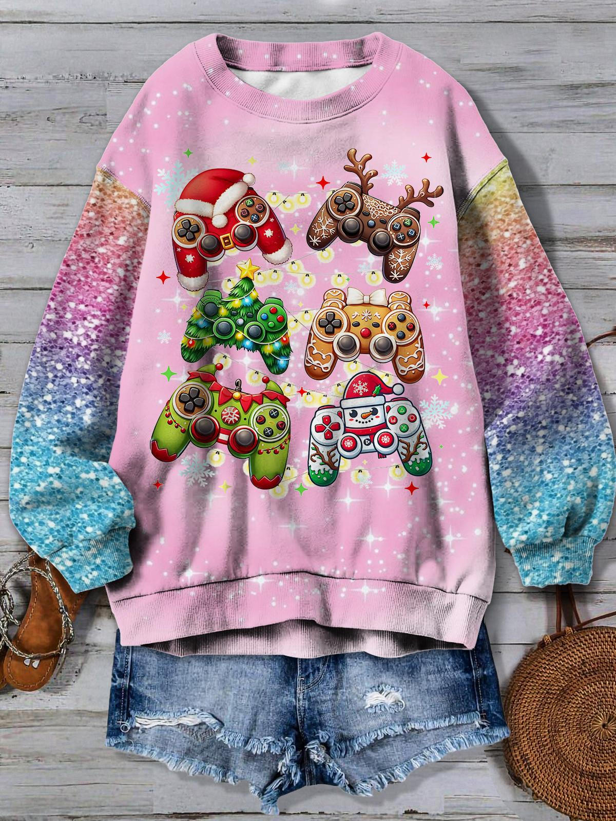 Merry Christmas Game Fun Controller Faux Sequin Print Long Sleeve Top