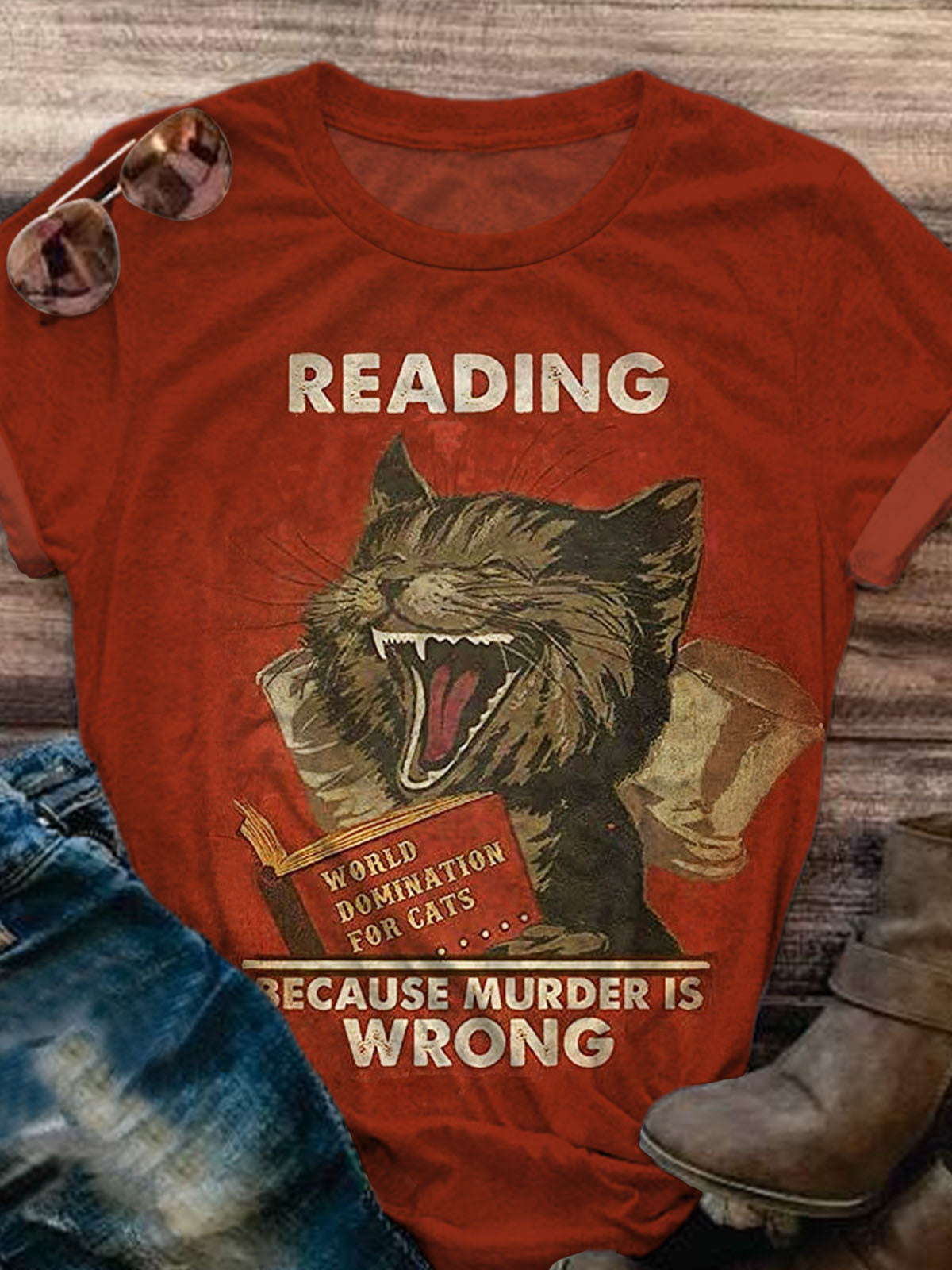 Reading Because Murder Is Wrong Cat Vintage Print T-shirt