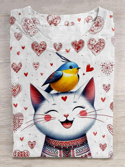 Cute Cats And Birds Crew Neck T-shirt