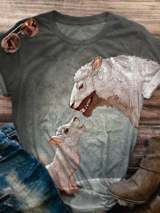 Women's Wolf Hunter Lamb Scam Fun Print Casual T-shirt