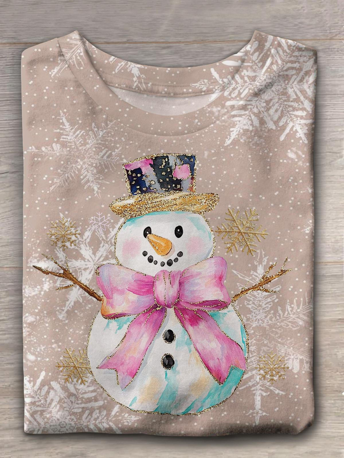 Christmas Watercolor Cute Baby Snowman Crew Neck T-shirt