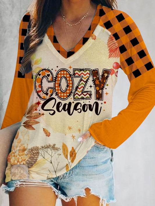 Women's Cozy Season Print V-Neck Long Sleeve Top