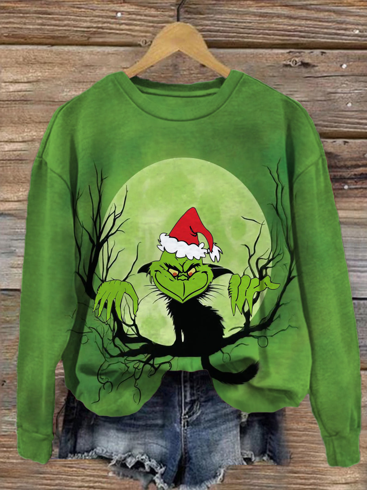 Green Monster With Santa Hat Printed Long Sleeve Casual Top