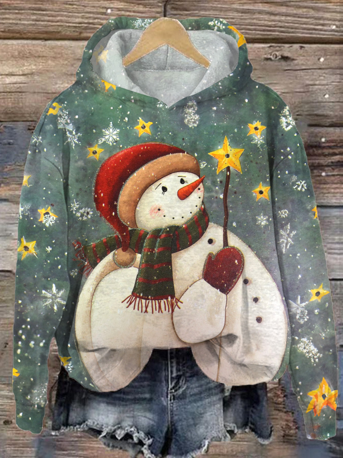 Retro Snowman Long Sleeve Printed Hoodie