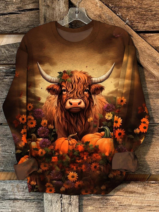 Women's Fall Pumpkin Cow Floral Print Long Sleeve Top