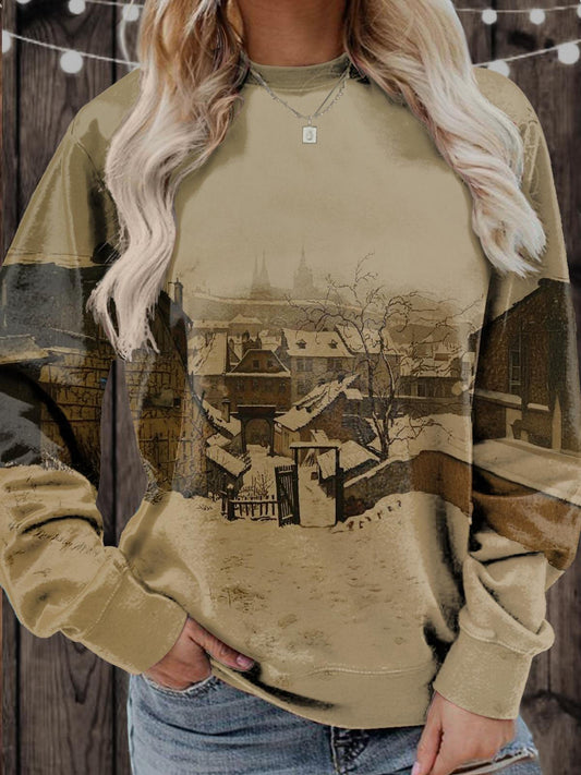 Women's Winter Town Evening Print Long Sleeve Top