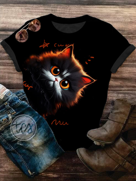 Women's Summer Cute Cat Printed Crew Neck To