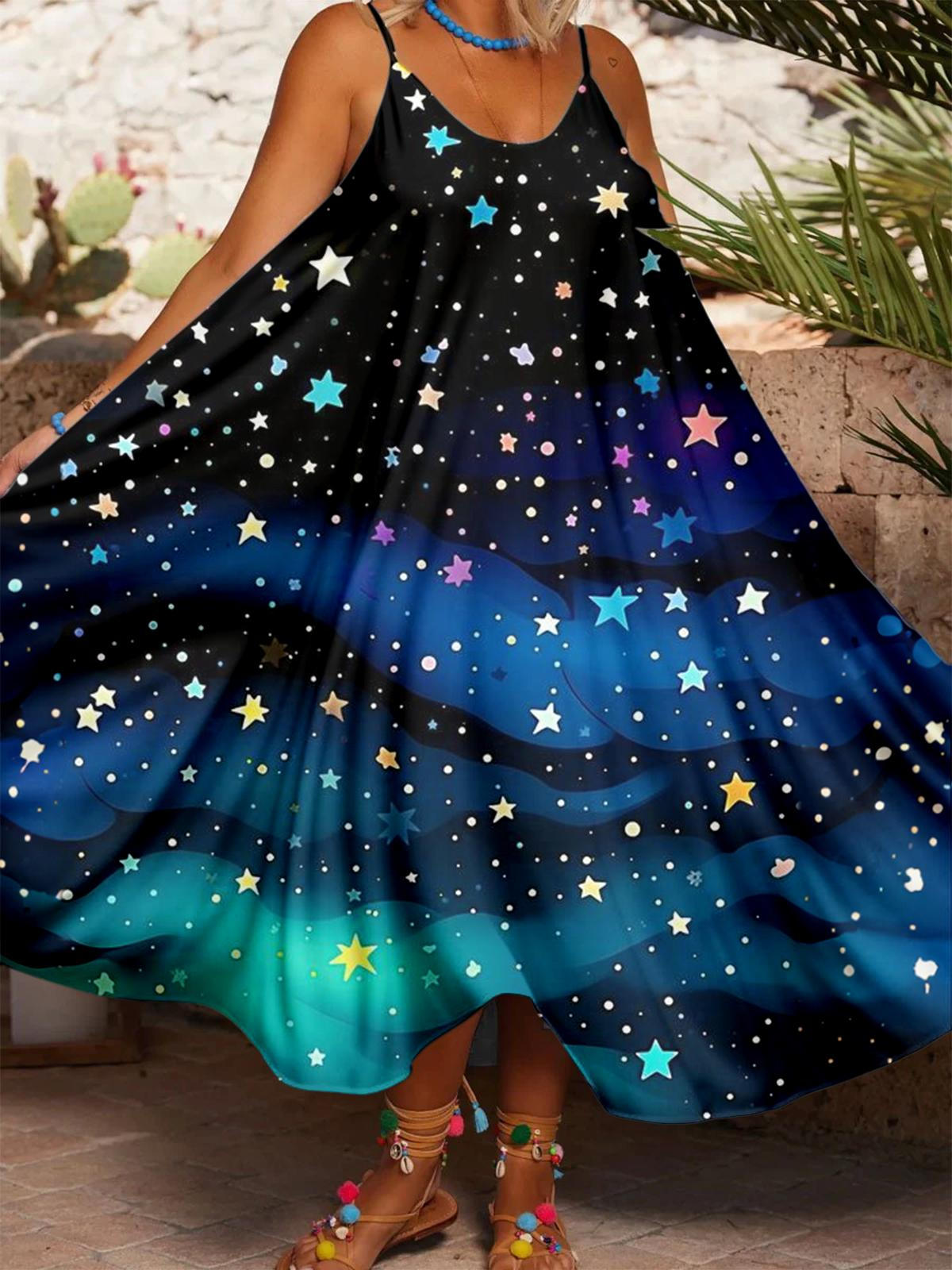 Fantasy Starry Sky Women's Printed Casual Spaghetti Strap Dress