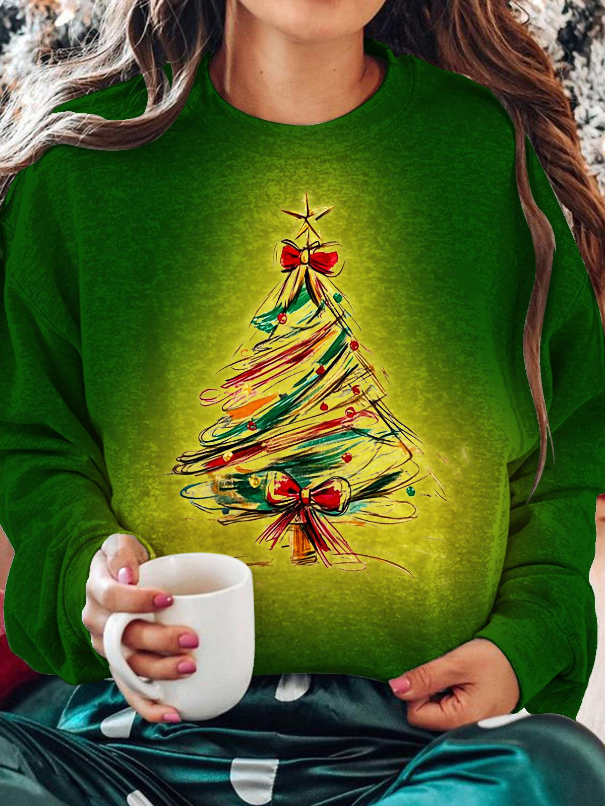 Women's Winter Glitter Christmas Tree Printed Long Sleeve Casual Top