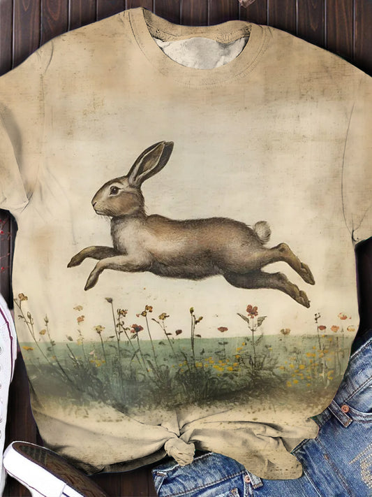 Vintage Leaping Bunny Print T-shirt