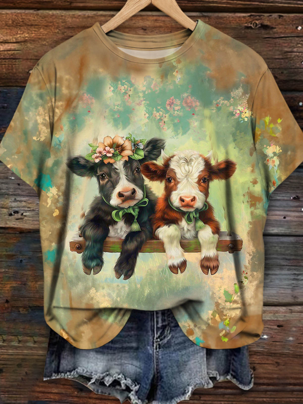 Women's Vintage Cow Distressed Print Round Neck T-Shirt