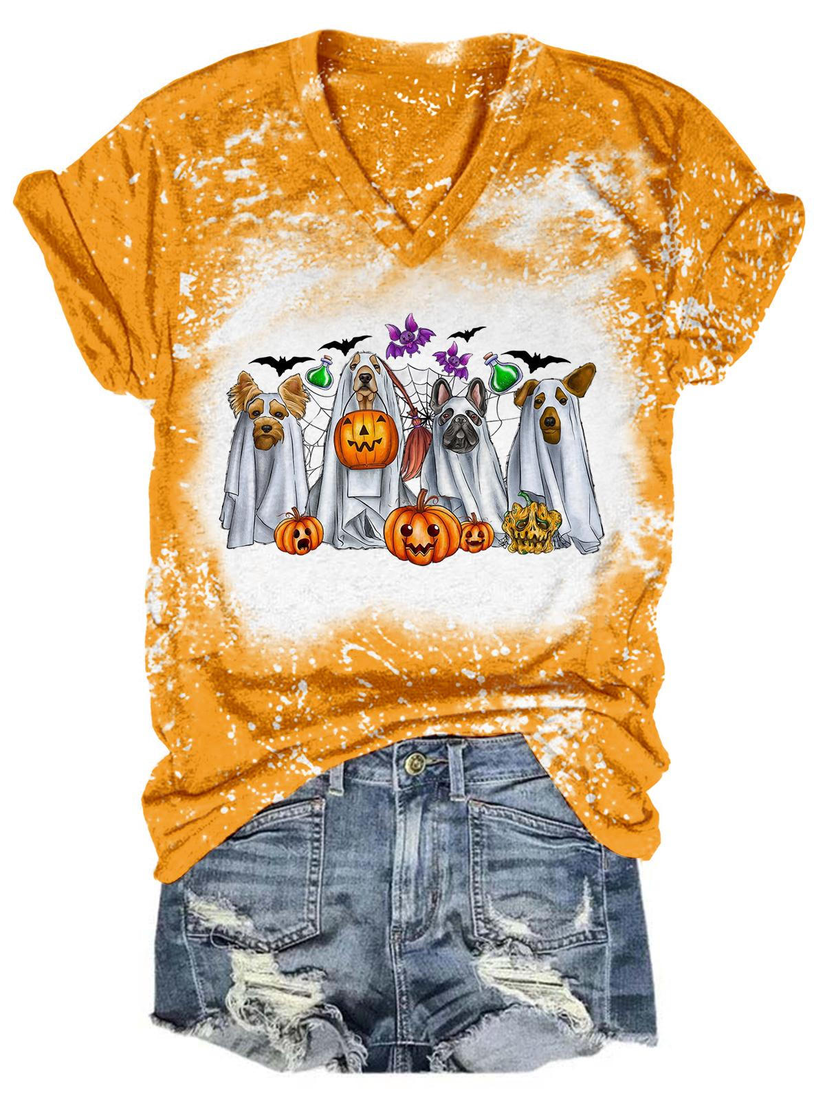 Trick Or Treat Ghost Puppies Tie Dye V-Neck T-Shirt