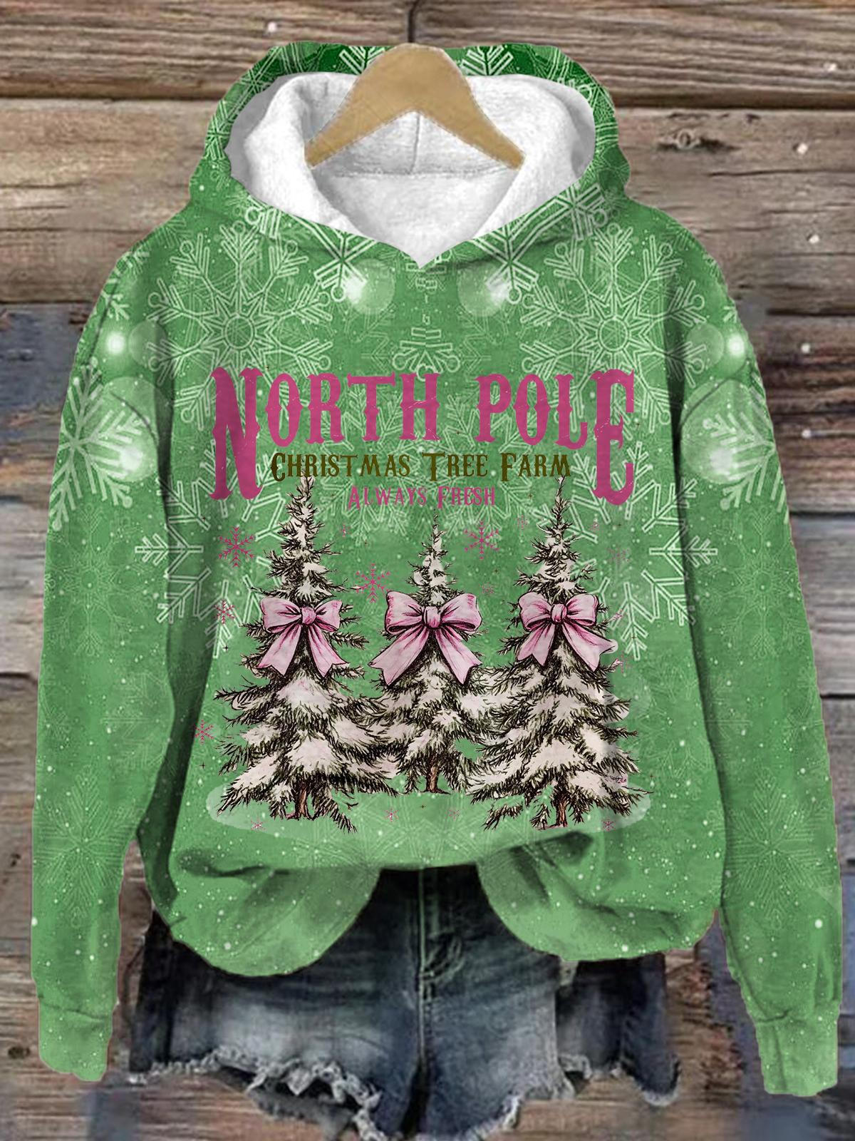 North Pole Christmas Tree Long Sleeve Printed Hoodie