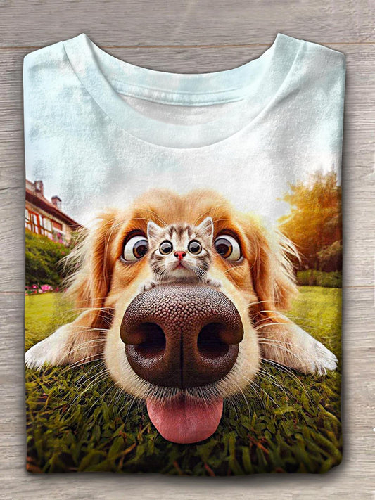 Women's Cute Puppy And Kitten Print Crew Neck T-shirt